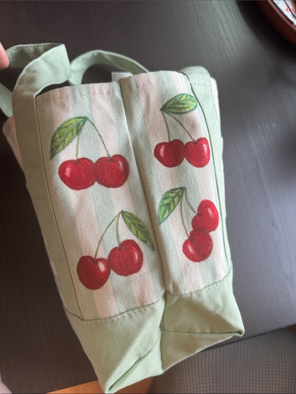 Trader Joe’s Mini Green Striped Canvas Hand painted Cherry Tote Bag - Picture 2 of 3